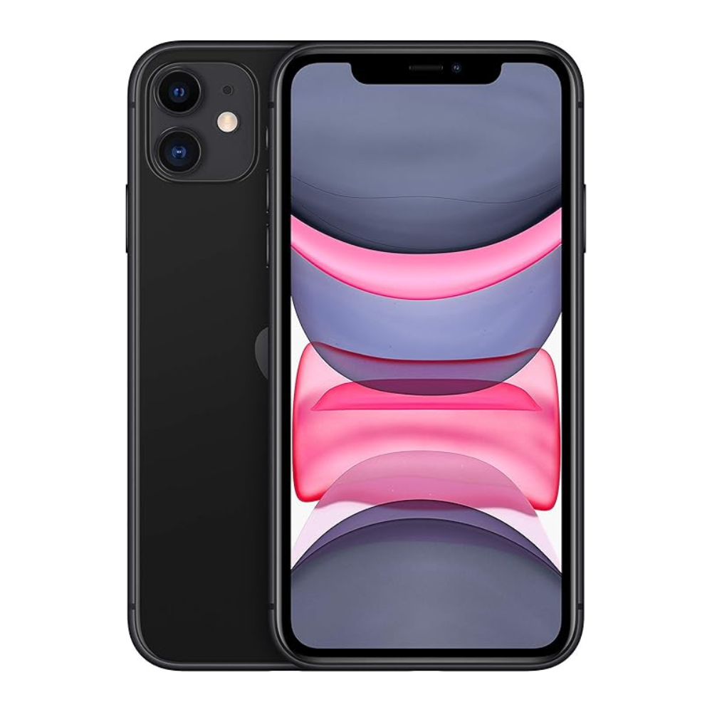 Refurbished unlocked Black iPhone 11 64GB – front view, screen on
