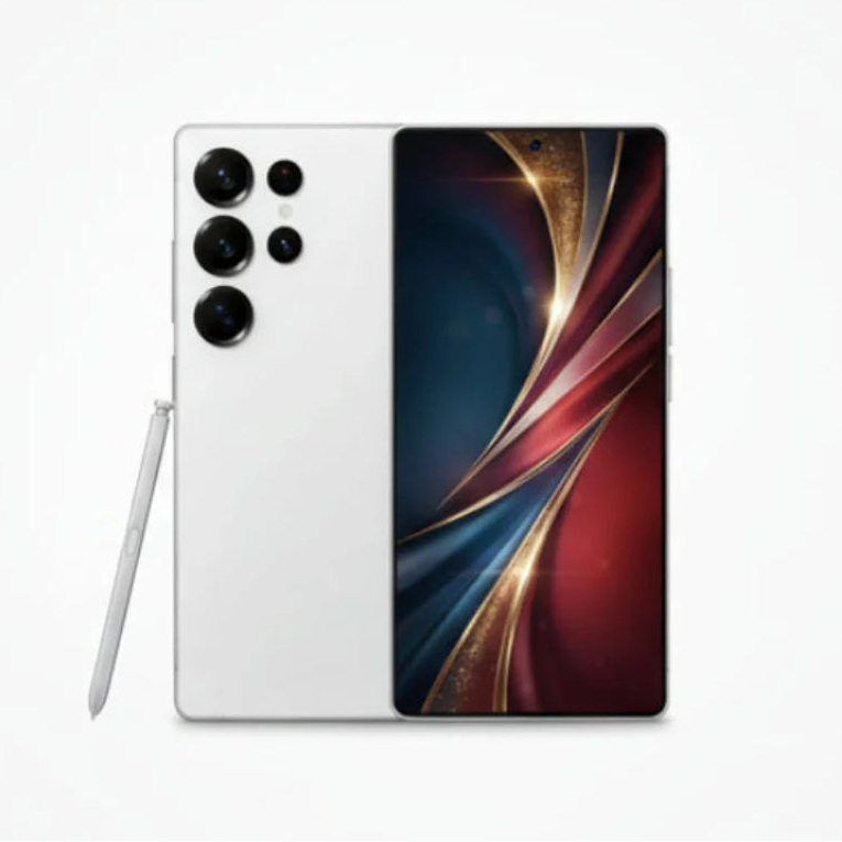 Smartphone with stylus on a white background