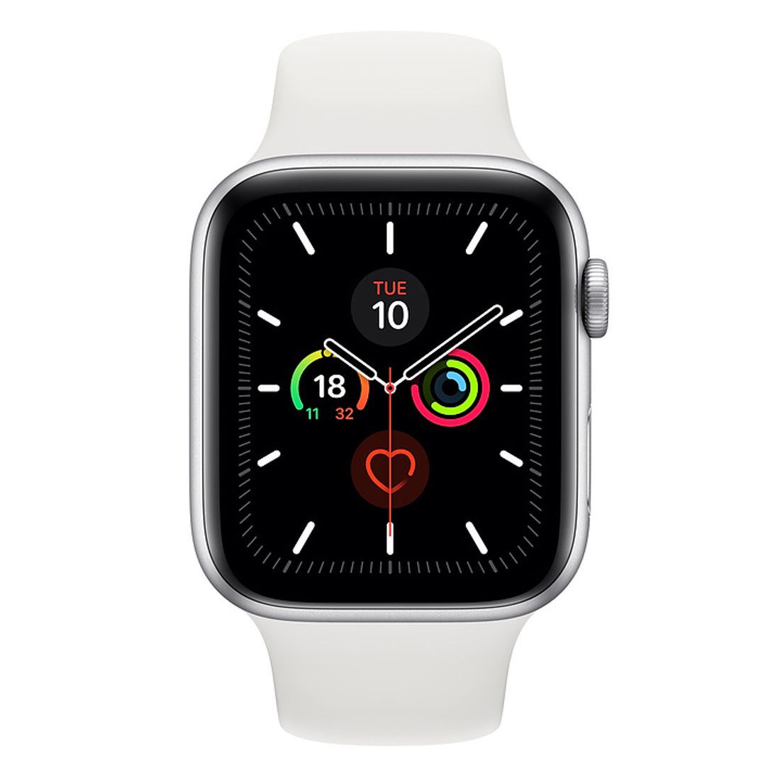 Excellent refurbished Apple Watch Series 5 front view with white band