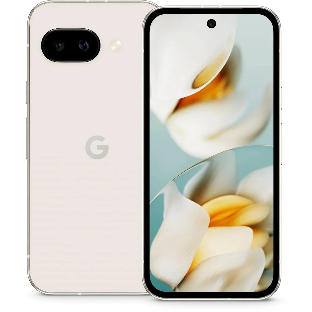 Google Pixel 9a packaging box partially opened with phone and included USB‑C cable visible.