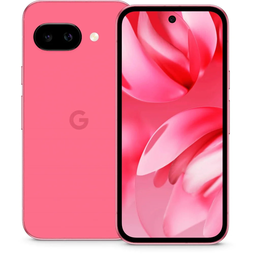 Google Pixel 9a rear view in Peony colour next to matching case to show coordinated accessories.